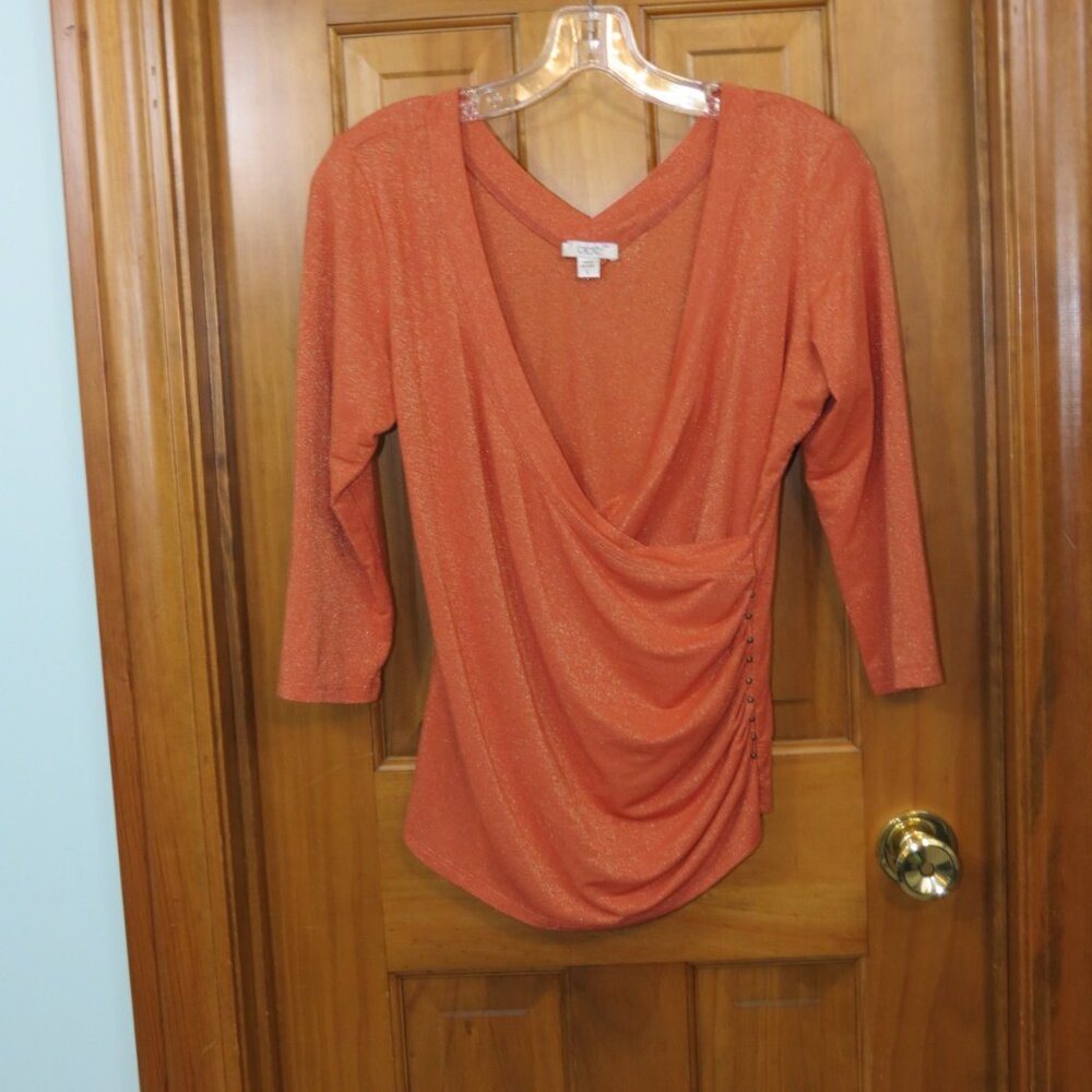 Cache Orange Sparkle Faux Wrap Blouse Deep V 3/4 … - image 1